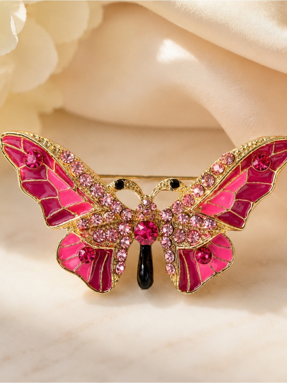 Pink Rhinestone Butterfly Brooch Gold Tone Enamel Crystal Pin Statement Jewelry